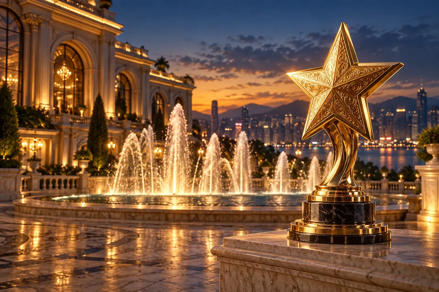 Golden star trophy on a plinth beside dancing plaza fountains, Here2Win Casino reviews