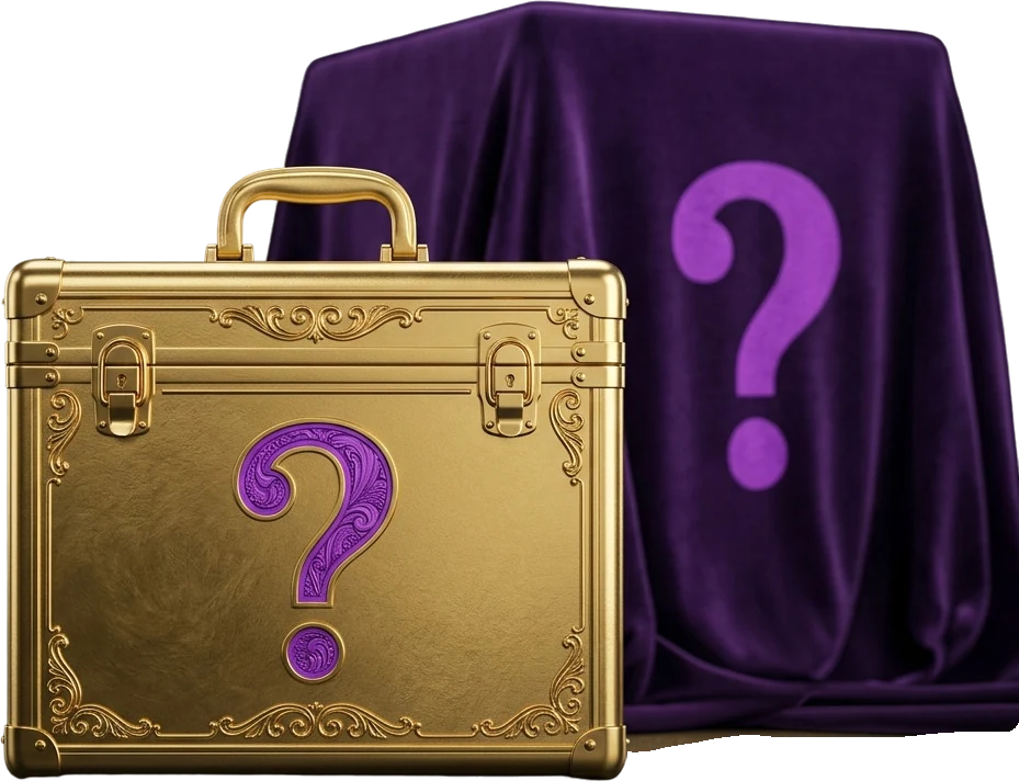 Gold case with a purple question mark, representing a slot's bought bonus feature