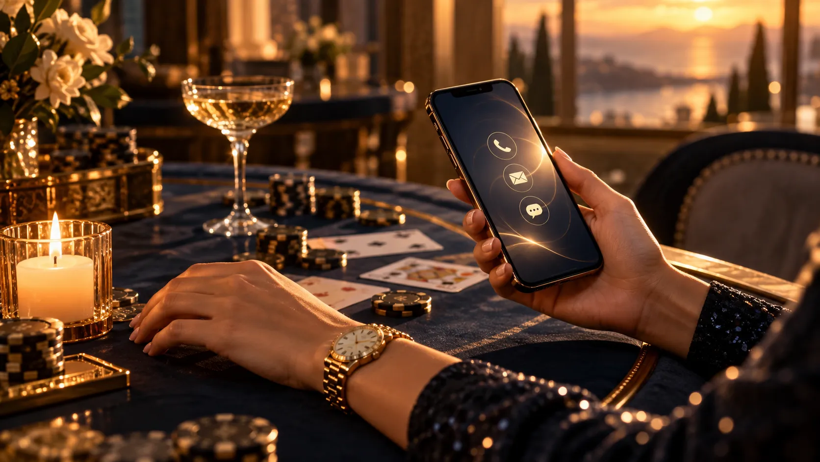 Hands holding a glowing smartphone in a candlelit card room, Here2Win Casino contact