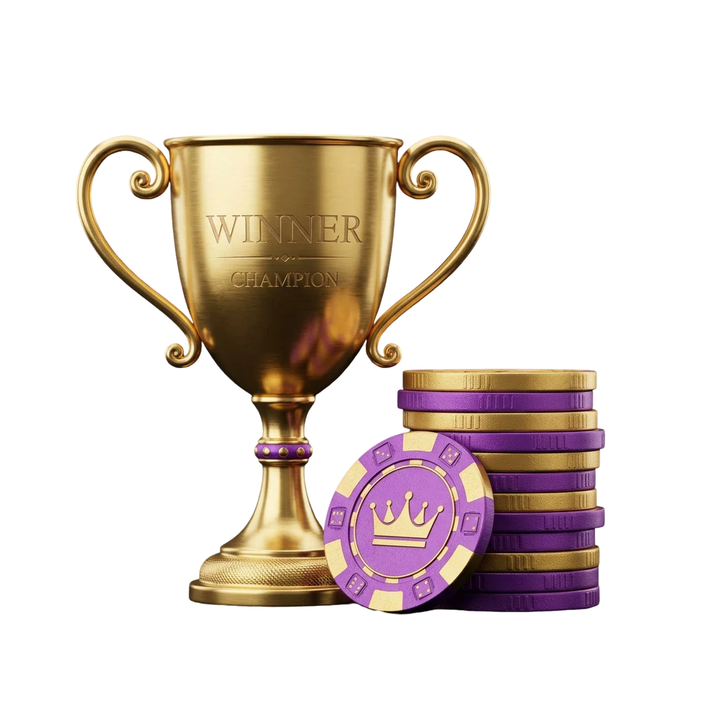 Engraved gold winner's trophy beside a stack of casino chips