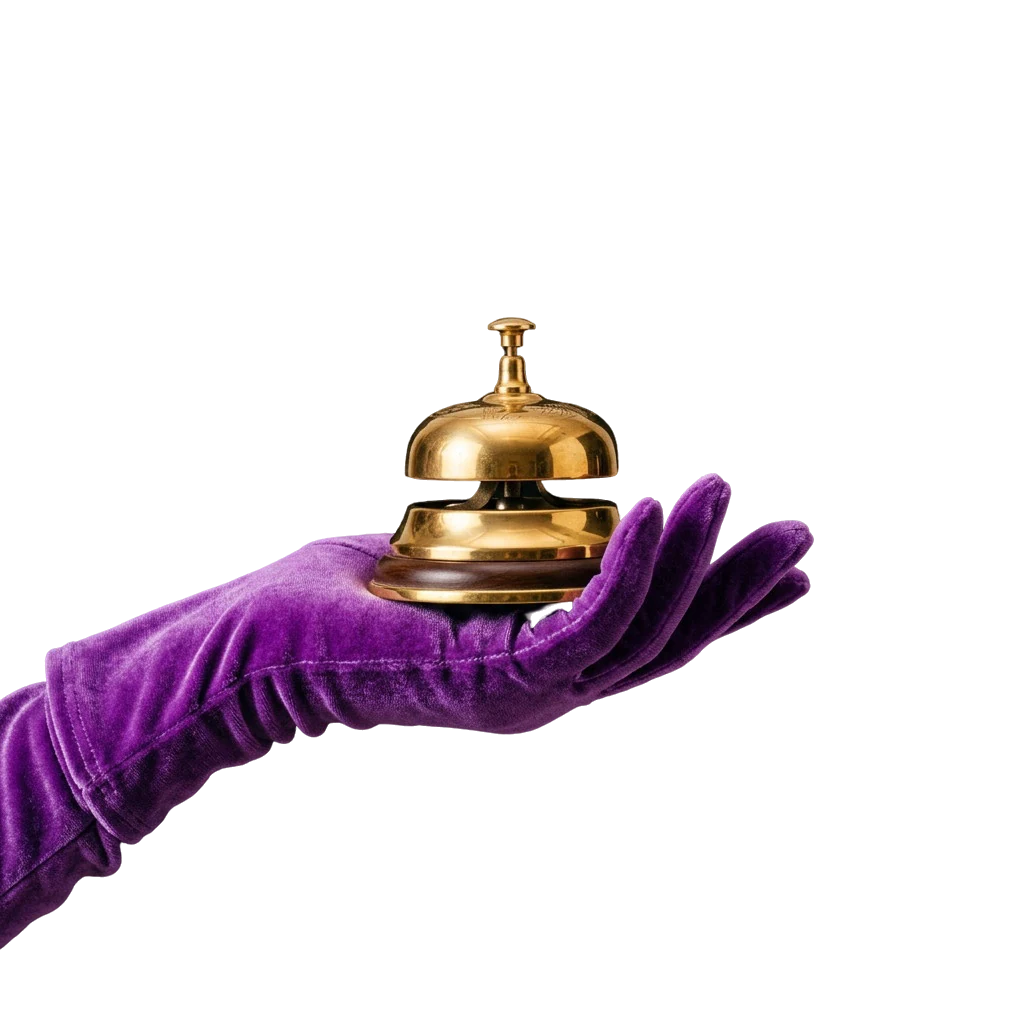 Purple velvet glove ringing a gold service bell, symbolising Here2Win Casino support