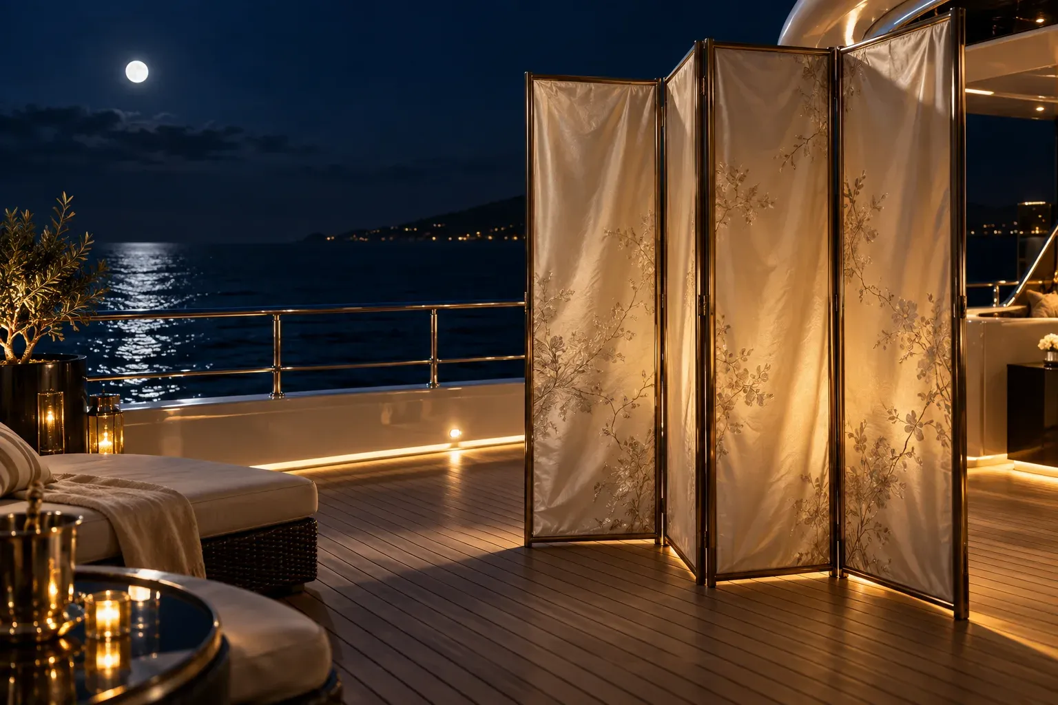 Folding silk screen on a superyacht deck at night, Here2Win Casino privacy