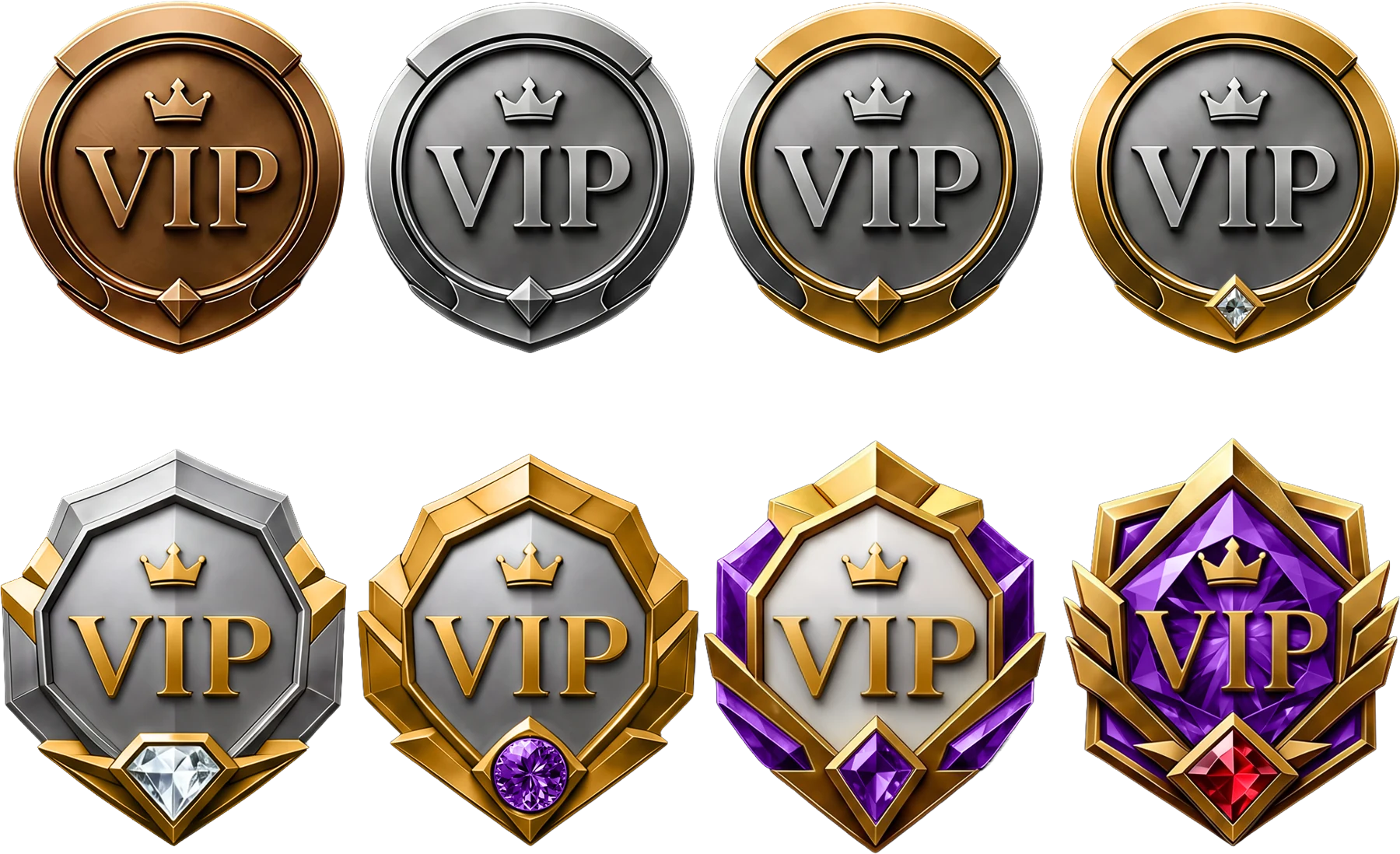 Set of eight VIP badge tiers in bronze, silver and gold