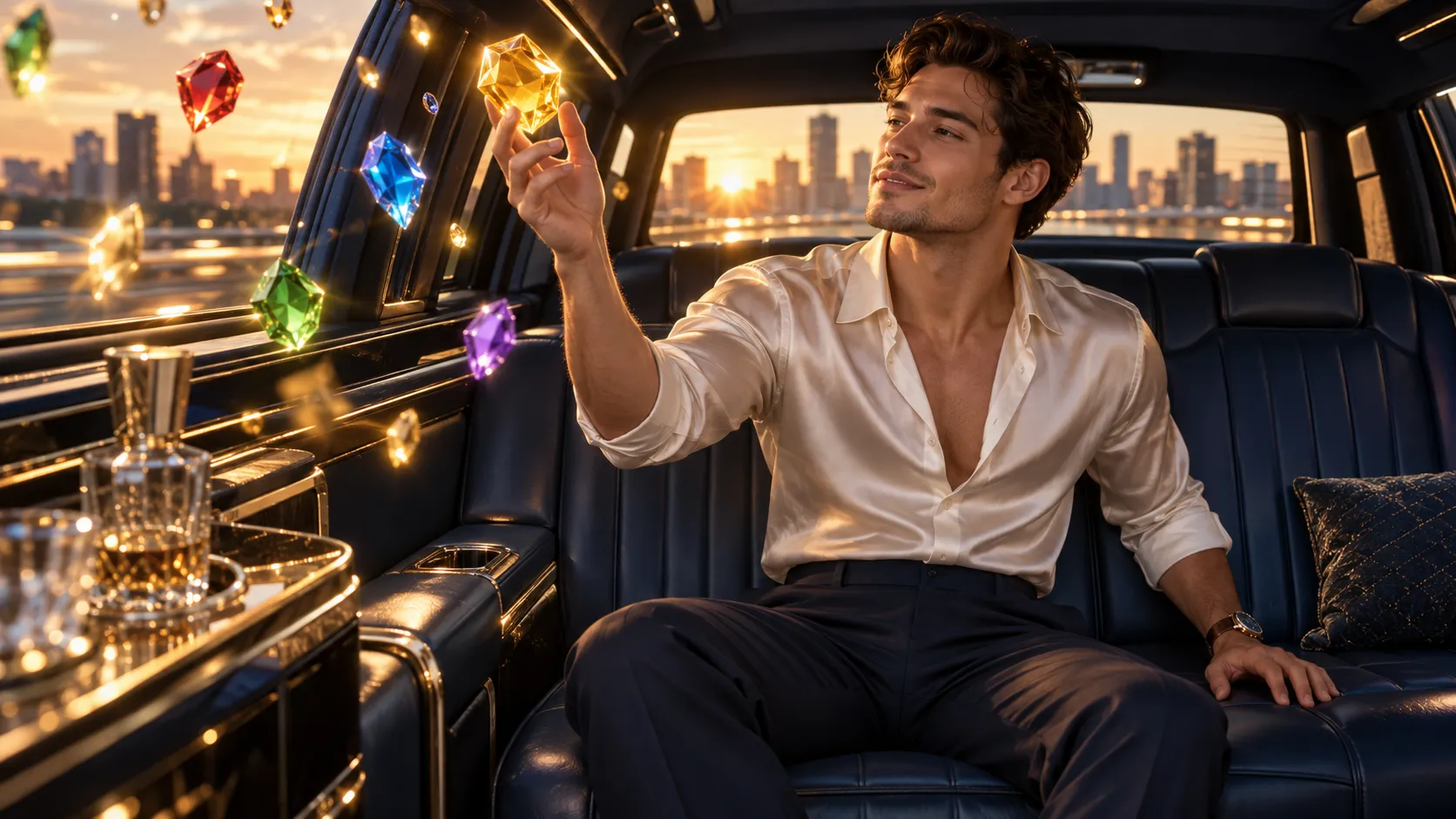 Man reaching toward a cascade of glowing gem symbols inside a limousine, Here2Win Casino bonus round slots