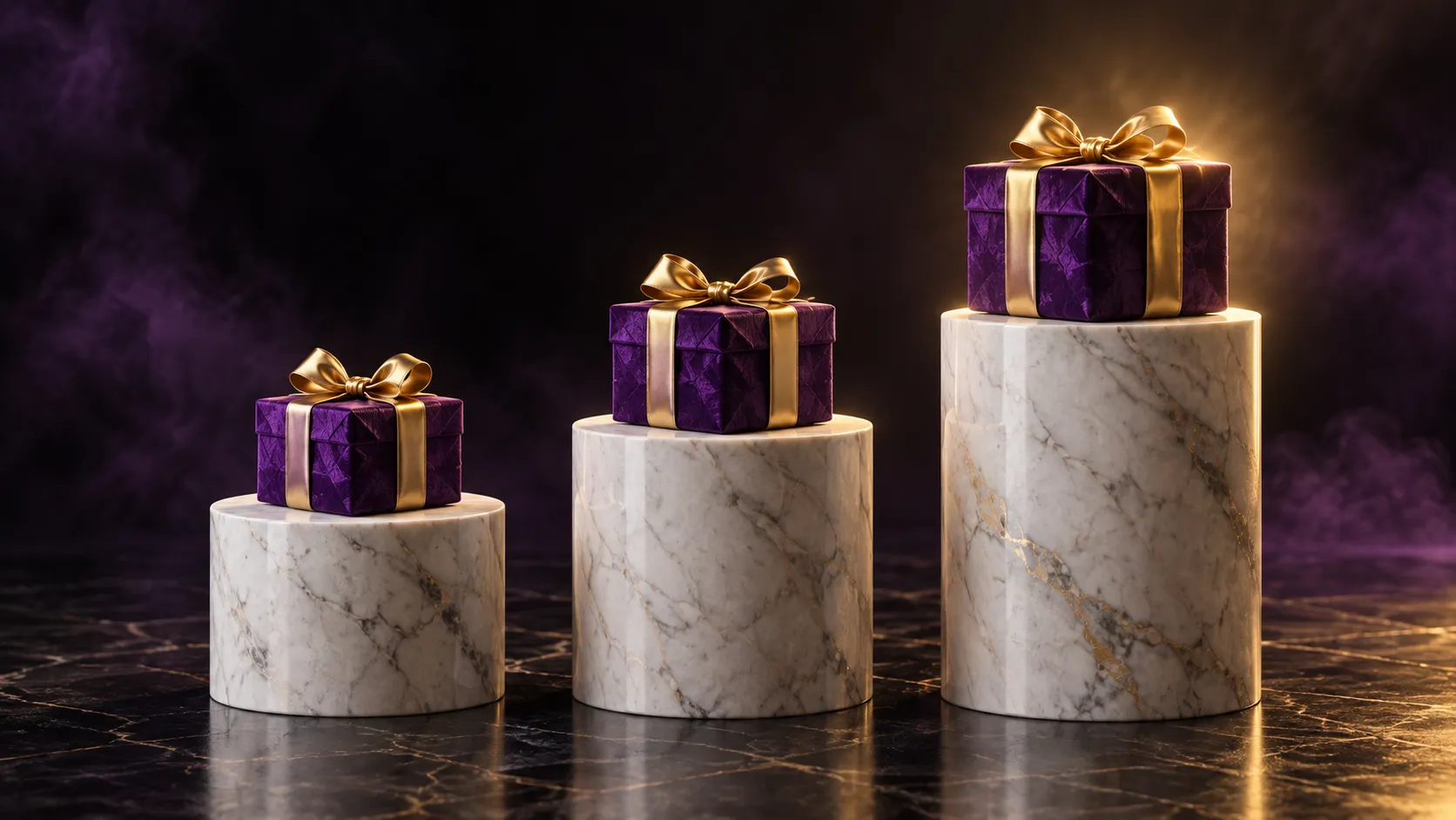 Three raised plinths representing the Here2Win Casino welcome bonus steps