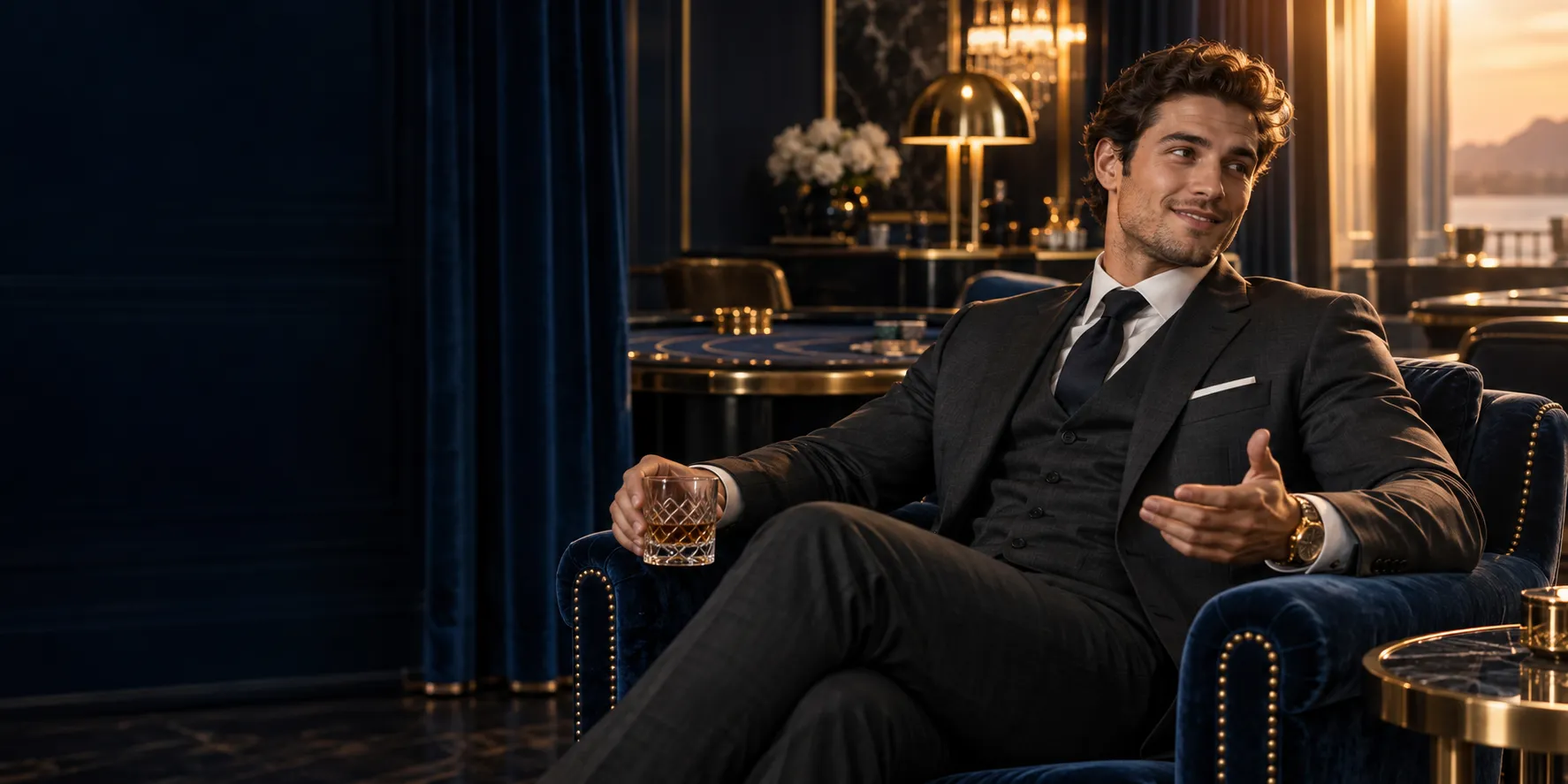 Man in a baccarat salon holding a crystal glass, Here2Win Casino FAQ