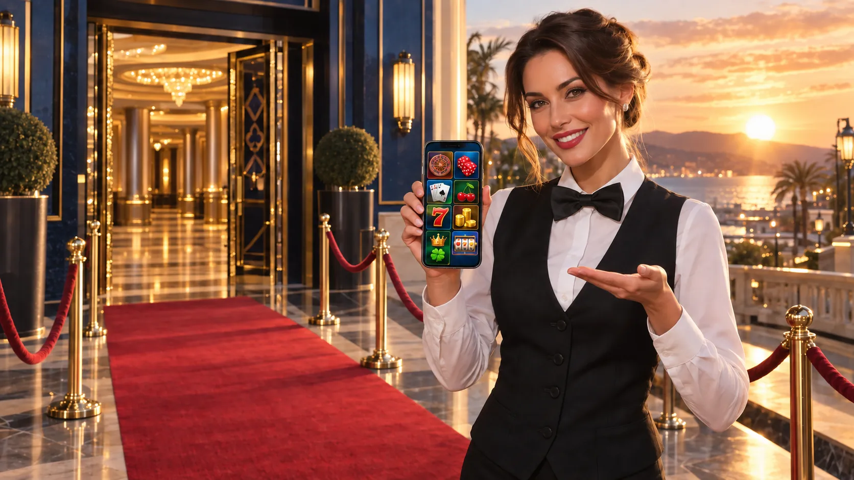Croupier holding a glowing smartphone at a red carpet entrance, representing the Here2Win Casino mobile experience