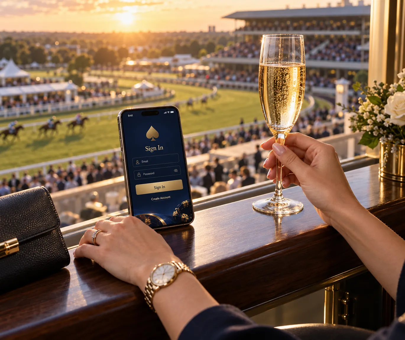 Hands holding a welcome champagne glass in a racecourse VIP box, Here2Win Casino login