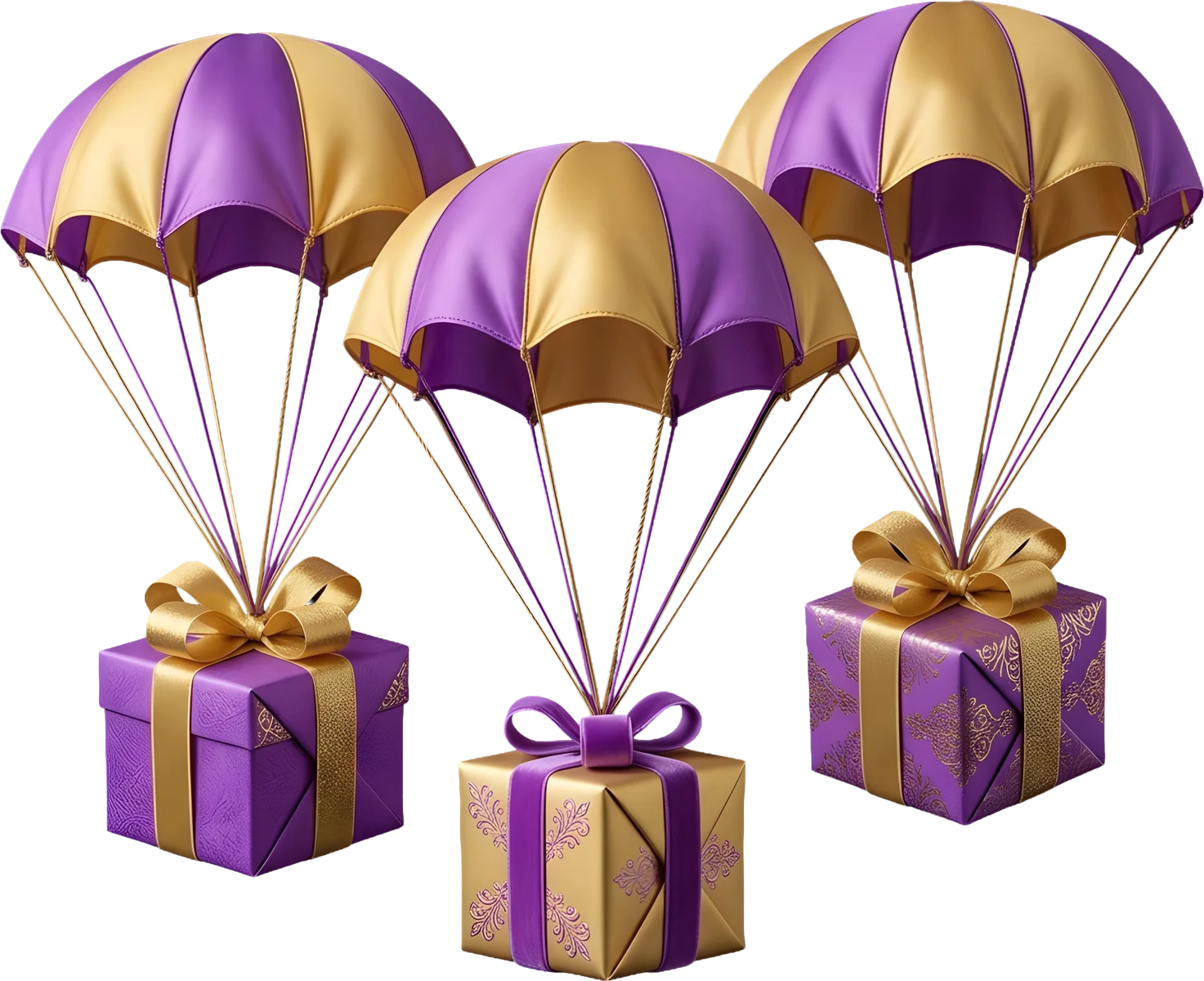 Three gift boxes drifting down on purple and gold striped parachutes