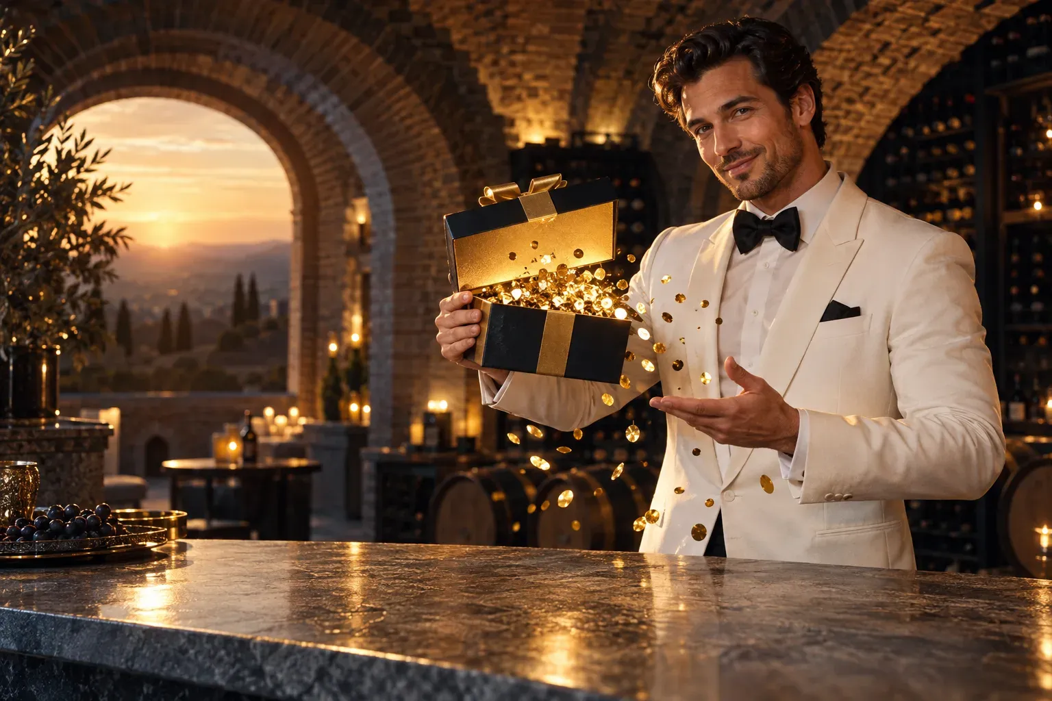 Man presenting a confetti-filled gift box in a wine cellar, Here2Win Casino bonus