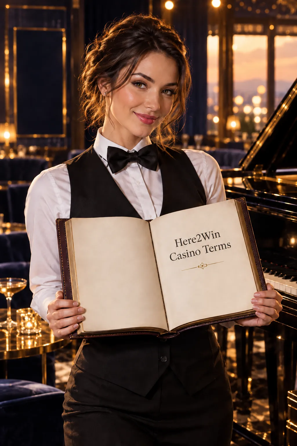 Croupier presenting an open leather-bound book in a jazz lounge, Here2Win Casino terms